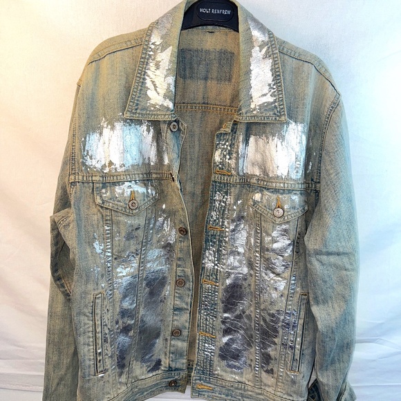 Vintage 'CLOCKHOUSE' Silver Metallic Painted Bleached Wash Denim Jacket M Unisex - Picture 1 of 9